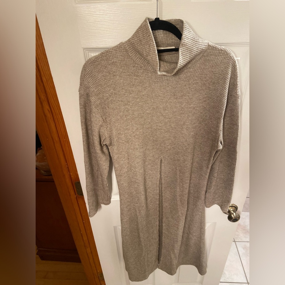 ANTHROPOLOGIE Blue Tassel Taupe Waffle-Knit Sweater Dress Small